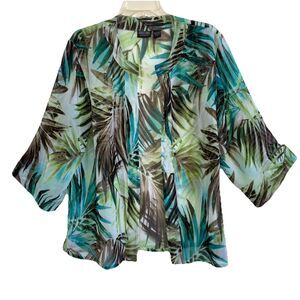 ADDITIONS BY CHICO’S sz L / sz 2 Blue Green Flowy Open Front Tunic Palm Fronds